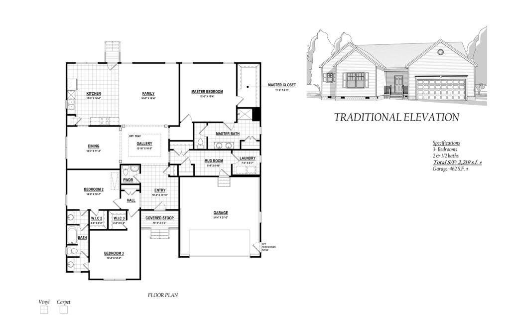 Architectural drawing of a house showing a detailed floor plan and right-side elevation, labeled with room names and dimensions.