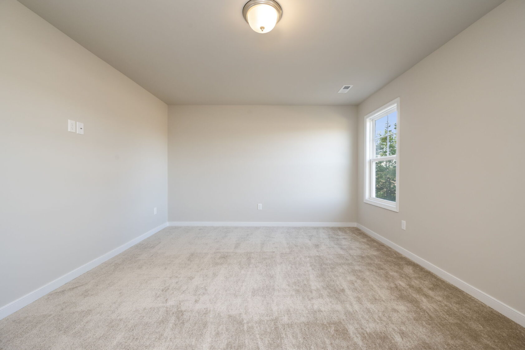 Empty room with beige carpet, light gray walls, ceiling light, and a window letting in natural light.