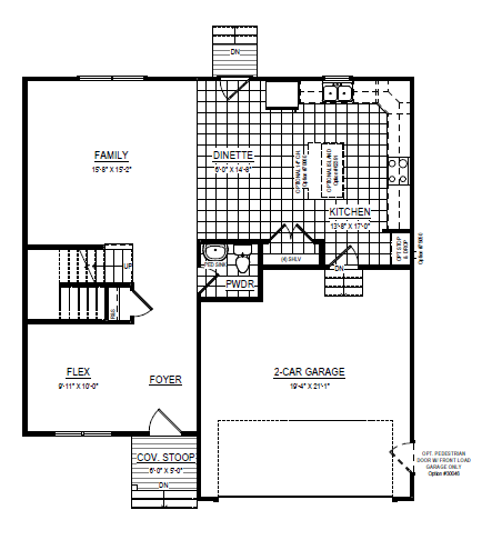 The Westwood first floor plan features a family room, kitchen, dinette, flex room, foyer, garage, and covered stoop.