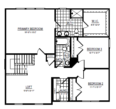 Black and white Westwood floor plan featuring three bedrooms, two bathrooms, a loft, and a laundry room.