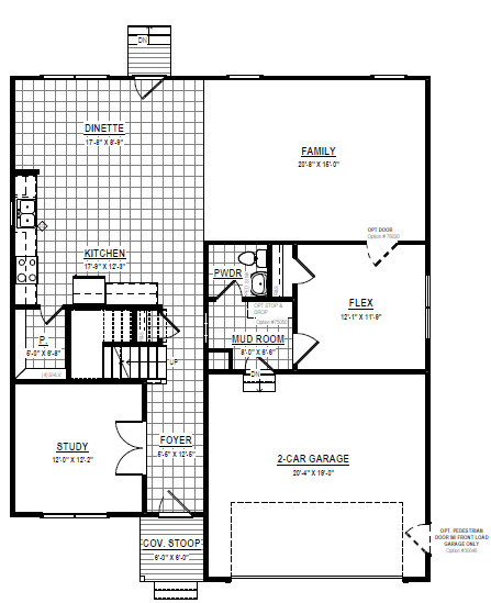 First floor house plan showing kitchen, dining, family, study, flex rooms, garage, and mud room.
