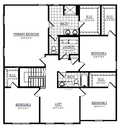 Black and white floor plan with four bedrooms, loft, two baths, laundry room, and walk-in closets.