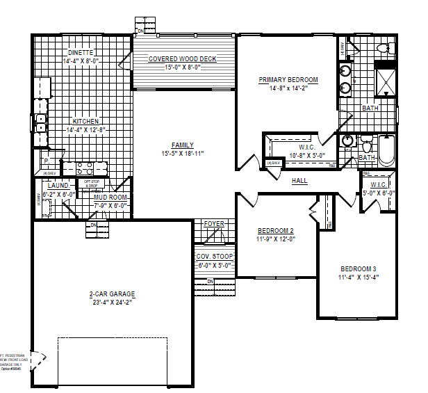 Black and white floor plan of a 3-bedroom house with garage, kitchen, covered deck—styled like a Vienna luxury hotel.