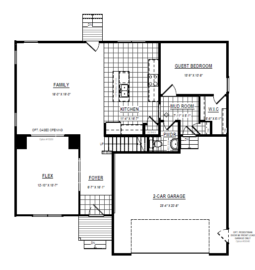First floor plan featuring family, flex, kitchen, mud room, guest bedroom, garage, foyer, and powder room.