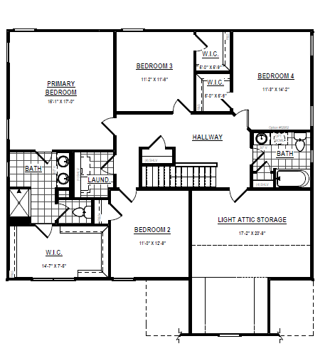 Black and white floor plan with four bedrooms, two bathrooms, laundry, attic storage, and hallway.