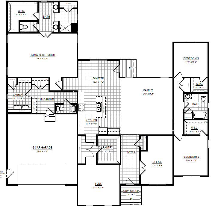 The Highland: Black and white floor plan of a single-story house with 3 bedrooms, 2.5 baths, garage, office, and kitchen.