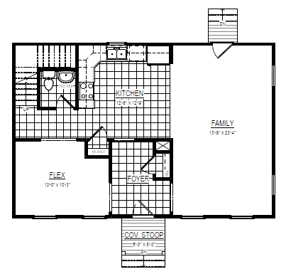 Black and white floor plan showing foyer, family room, kitchen, flex room, bath, and covered stoop.