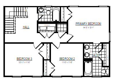 Black and white floor plan with three bedrooms, two bathrooms, and a hall with stairs.