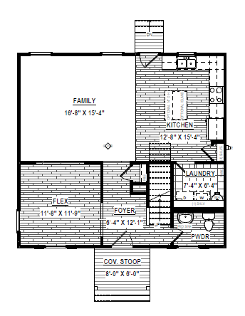 Robinson first floor house plan with family room, kitchen, flex room, laundry, powder room, foyer, and covered stoop.