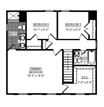 The Robinson floor plan offers three bedrooms, two bathrooms, and a W.I.C. next to the primary bedroom.