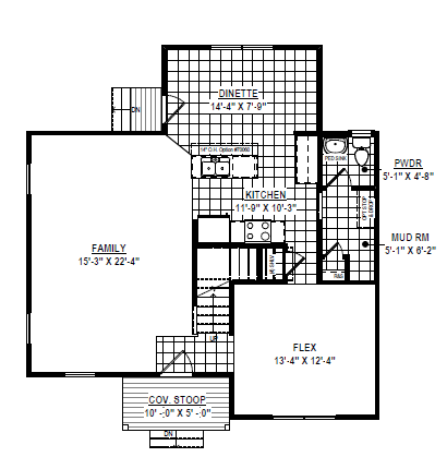Black and white floor plan showing family, kitchen, dinette, flex, mudroom, powder room, and covered stoop.