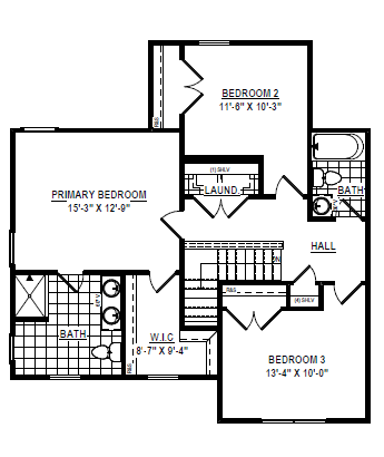 Black and white floor plan with three bedrooms, two baths, laundry room, hall, and walk-in closet.
