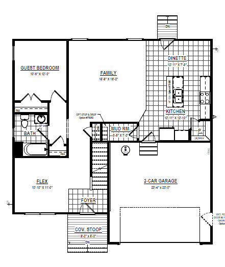 First floor Stafford house plan includes garage, kitchen, dinette, family room, guest accommodation, bath, and mud room.