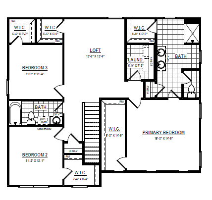 Second floor house plan with three bedrooms, two baths, loft, laundry, closets, and stairs—ideal for Stafford accommodation.