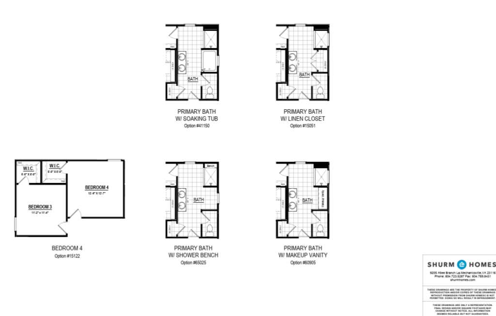 Stafford floor plans display diverse bathroom options and a bedroom layout, all marked with the Shurm Homes logo.