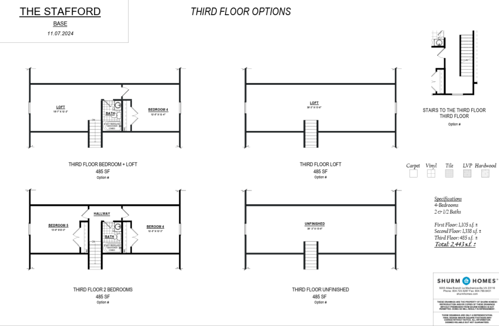 Explore The Staffords third floor options, featuring layouts with bedrooms, lofts, and an unfinished room.