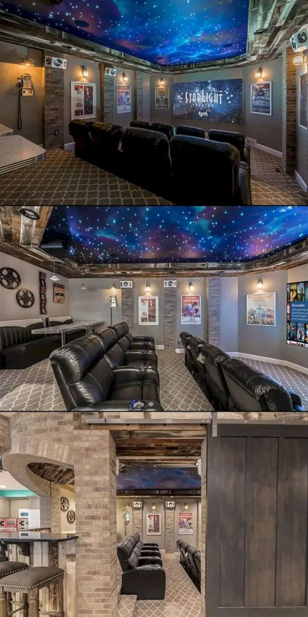 A home theater with leather recliners, movie posters, and a starry ceiling. The room has wall-mounted speakers, a large screen, and a carpeted floor.