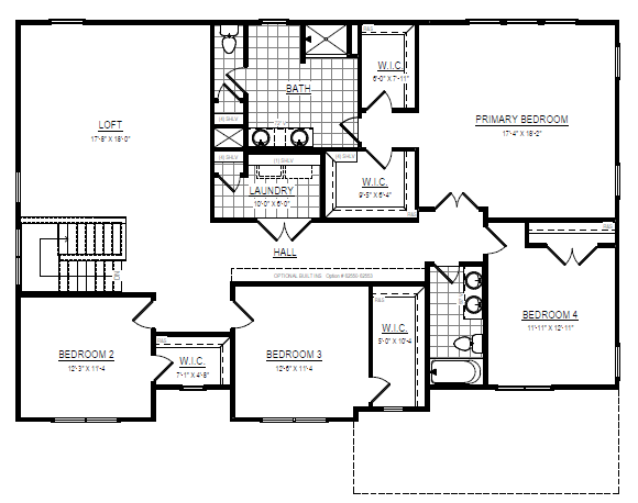 Black and white floor plan inspired by the Savannah, with four bedrooms, loft, two baths, laundry, and walk-in closets.
