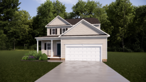 A charming two-story house with beige siding and white trim graces Carter Station. It features a gable roof, cozy front porch, and attached garage, surrounded by trees and a lush lawn.