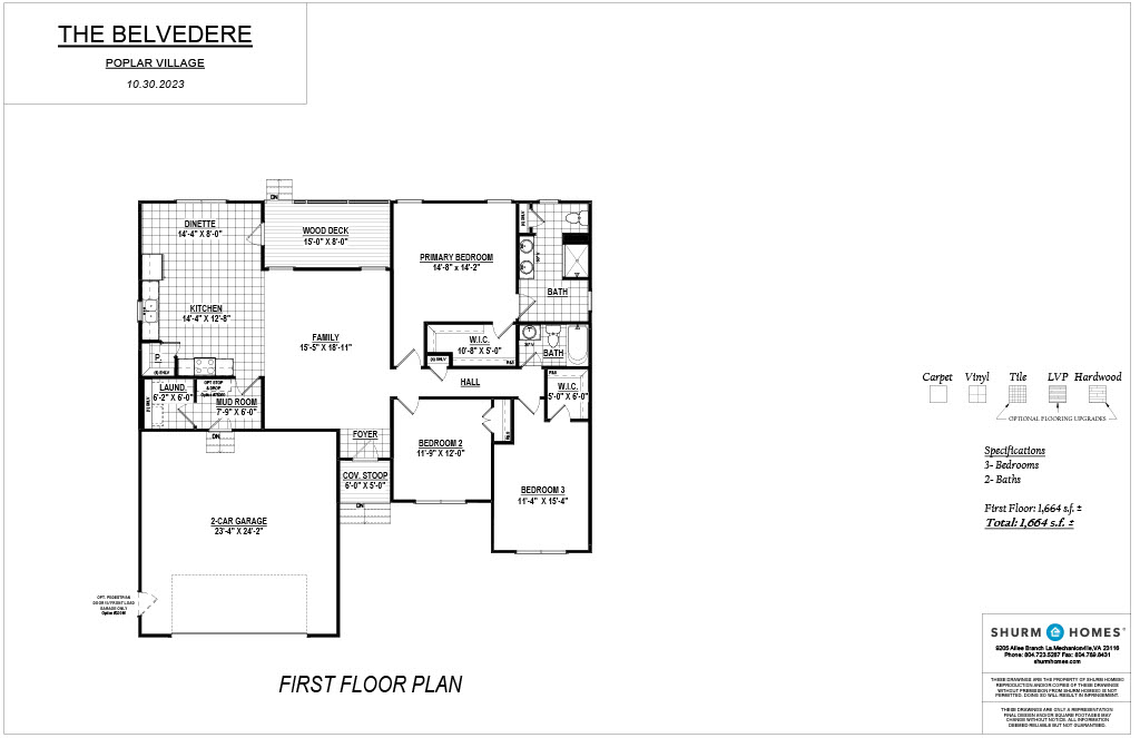 Floor plan for the first floor of The Belvedere at Poplar Village, featuring 3 bedrooms, 2 bathrooms, garage, porch, kitchen, pantry, laundry, den, and great room. Dimensions and areas are specified.