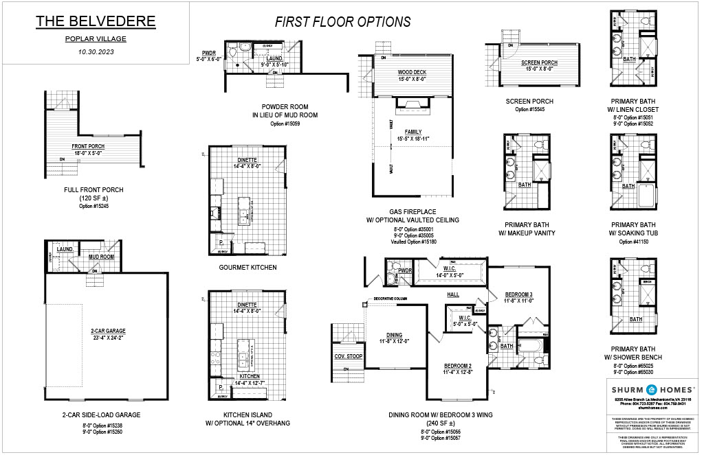 Black and white floor plans labeled "The Belvedere - Poplar Village - First Floor Options" displaying different room layouts and sizes. Includes various configurations for kitchen, bedroom, dining, and porch areas.