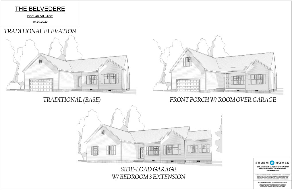 Blueprint of "The Belvedere" house plans showing three variations: Traditional Base, Front Porch with Room Over Garage, and Side-Load Garage with Bedroom 3 Extension.