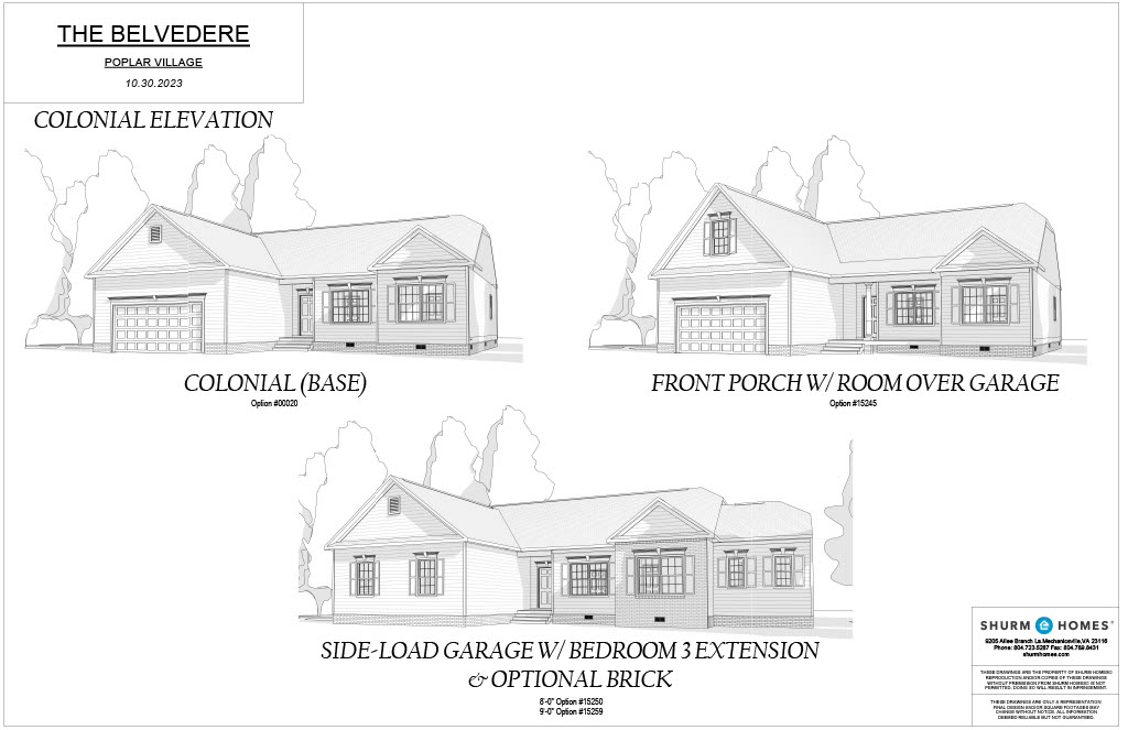 Architectural plans for "The Belvedere" at Poplar Village, showing three elevation options: Colonial base, front porch with room over garage, and side-load garage with bedroom extension.