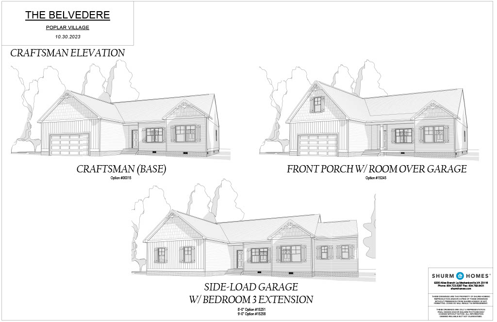 Blueprint showing three variations of "The Belvedere" house design: Craftsman (Base), Front Porch with Room Over Garage, and Side-Load Garage with Bedroom 3 Extension.