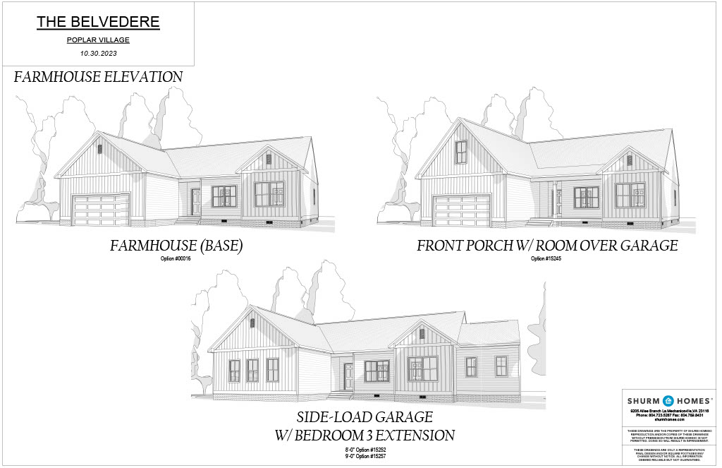 Architectural designs for "The Belvedere" by Shurm Homes, showing three elevations: Farmhouse (Base), Front Porch with Room Over Garage, and Side-Load Garage with Bedroom 3 Extension, dated 10.20.2023.