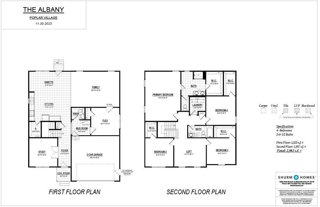 Architectural floor plan of "The Albany" in Poplar Village, dated 11.30.2020, showing the layout for the first and second floors, including rooms, dimensions, and square footage details.