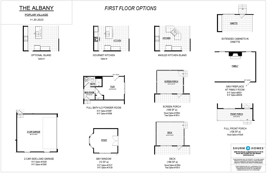 A schematic layout depicting various first floor design options for "The Albany" model, including kitchen variants, bathroom options, porch designs, and a garage, with labeled dimensions.