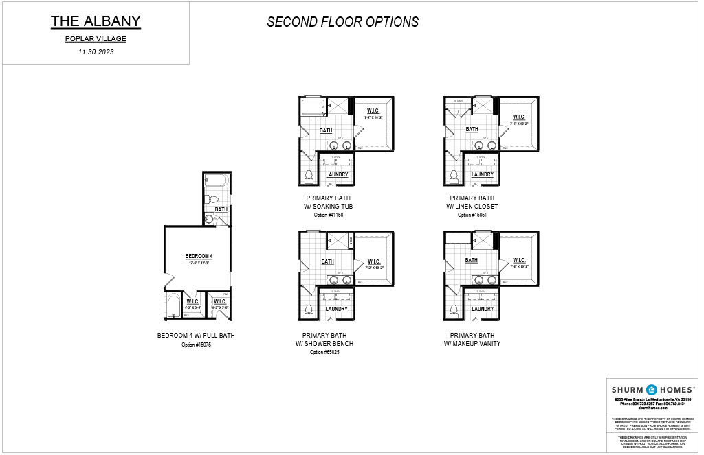 Blueprint of second floor options for The Albany model at Poplar Village by Shurm Homes. Includes variations of primary bath layouts: soaking tub, full bath, shower bench, linen closet, and makeup vanity.