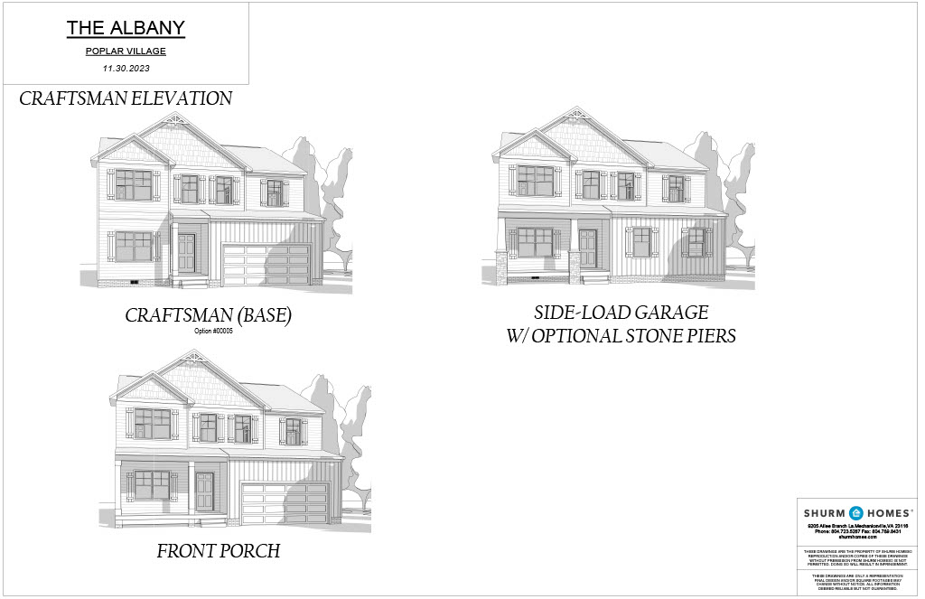 Architectural renderings of "The Albany" at Poplar Village, dated 11.30.2022. Illustrations include Craftsman Elevation, Side-Load Garage with Optional Stone Piers, Front Porch, and Craftsman (Base).