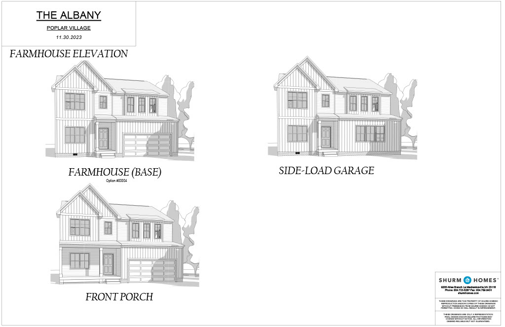 Architectural floor plan of a farmhouse-style home labeled "The Albany." It features three views: Farmhouse Elevation, Front Porch, and Side-Load Garage. The plan includes "Shurm Homes" branding.