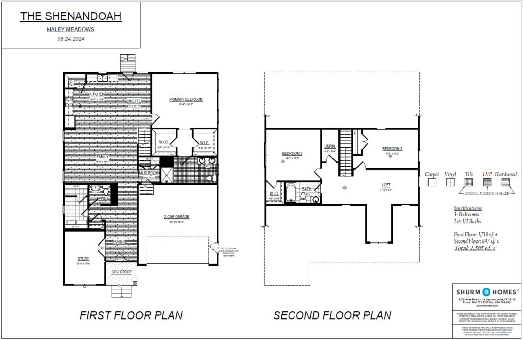 Detailed floor plans of a two-story house named "The Shenandoah," including dimensions and room labels for both the first and second floors. Specifications indicate 3 bedrooms and 2.5 bathrooms.