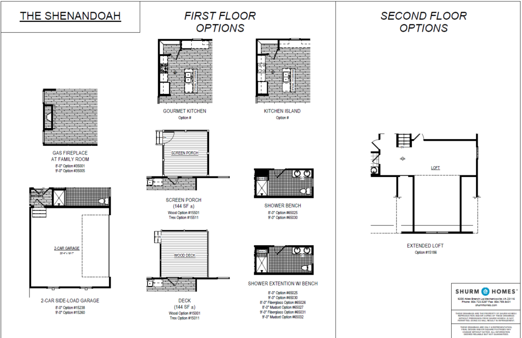 A floor plan for "The Shenandoah" showing first and second floor options, including a gourmet kitchen, screen porch, deck, 2-car garage, shower extension, and an extended loft.