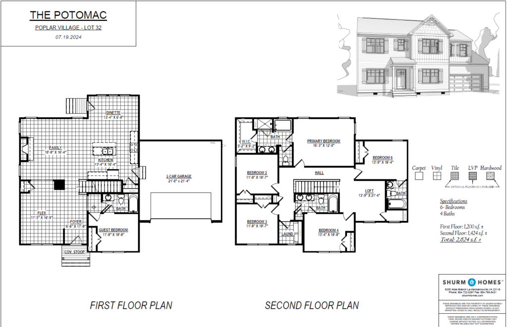 Floor plan for The Potomac house model by Shurm Homes, featuring two floors, four bedrooms, three bathrooms, and a garage, with a house illustration in the upper right corner.