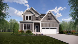 A two-story gray house on Lot 7 in Brickshire features a driveway, surrounded by trees and a landscaped garden under a blue sky.