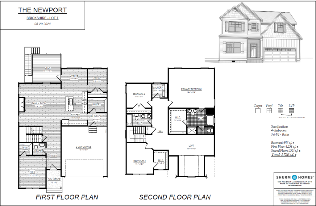 Architectural drawing of The Newport home with detailed floor plans and an exterior view sketch, situated on the picturesque Lot 7 in Brickshire.