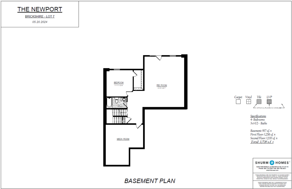 Architectural blueprint of a basement floor plan for The Newport at Lot 7, Brickshire, showcasing rooms and measurements—a real estate gem.