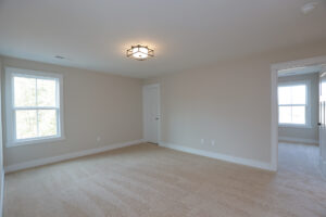 Spacious room with beige carpet, white walls, and a modern ceiling light in Poplar Villages Lot 1.