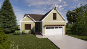 A charming small green house in Haley Meadows, featuring a white garage, a lush front lawn, and towering trees under a clear blue sky.