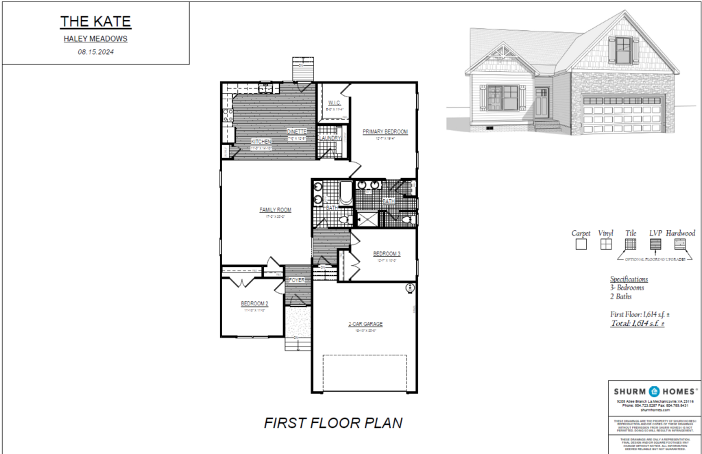 Discover the floor plan of the Haley Meadows community's house, The Kate, featuring three bedrooms and two bathrooms. Complete with an exterior illustration, this home harmoniously blends comfort and style.