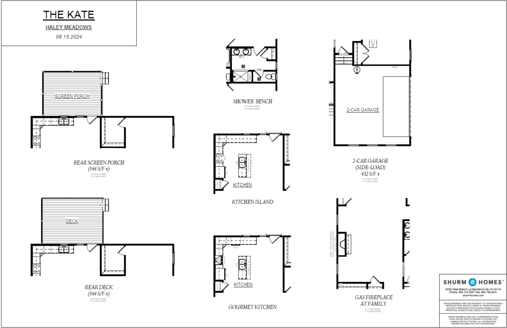 Discover the architectural floor plan for The Kate by Shurm Homes, featuring exquisite kitchen, porch, garage, and fireplace details. Perfectly nestled in Haley Meadows, this design embodies elegance and functionality for your dream home.