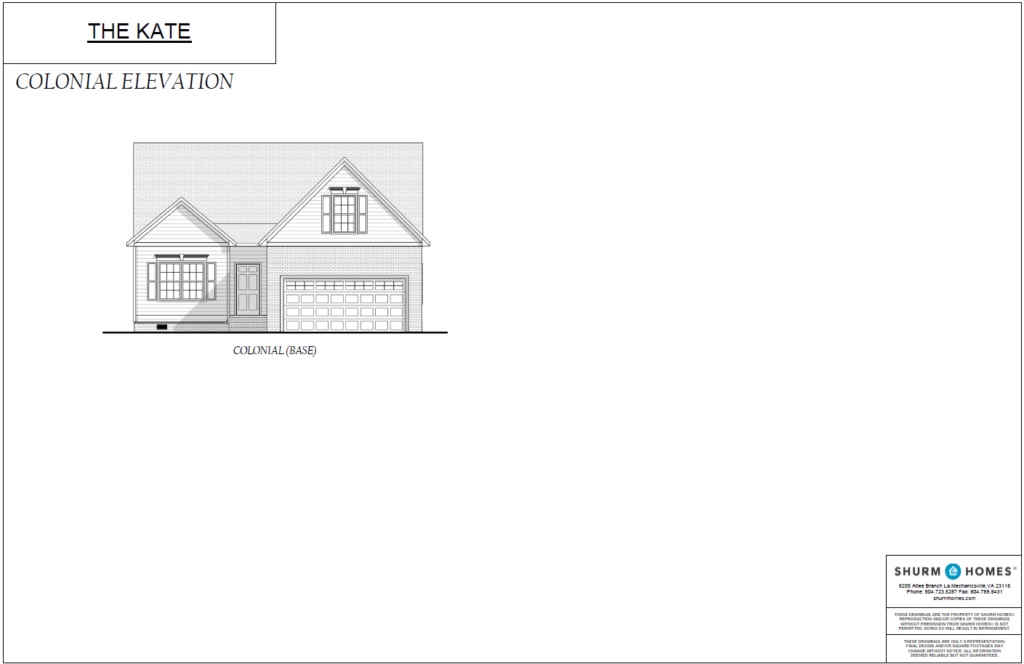 Architectural drawing of the single-story house in Haley Meadows, labeled The Kate, featuring a garage and colonial elevation design.