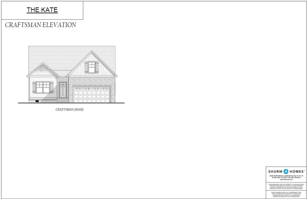 Architectural blueprint of The Kate in Haley Meadows, showcasing a Craftsman-style house with garage and gabled roof.