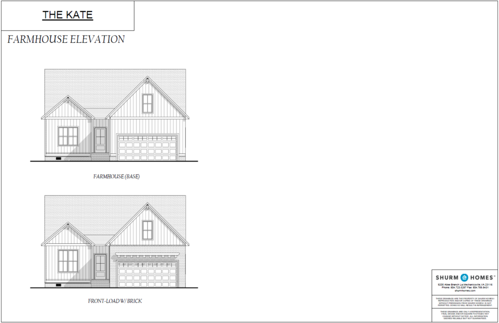 Architectural drawings present two farmhouse elevation designs, labeled Farmhouse and Front-Load/Brick, capturing the essence of rustic elegance. Inspired by Haley Meadows, they offer a perfect blend of tradition and modernity, inviting you to imagine life within their walls.