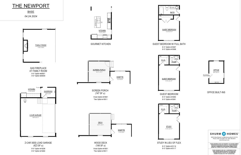 Blueprint layout of The Newport house, showing rooms like family room, kitchen, bedrooms, and garage.