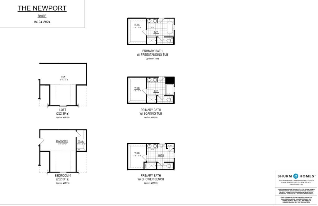 Blueprints of The Newport layout options, including loft, bedroom, and primary bath configurations.