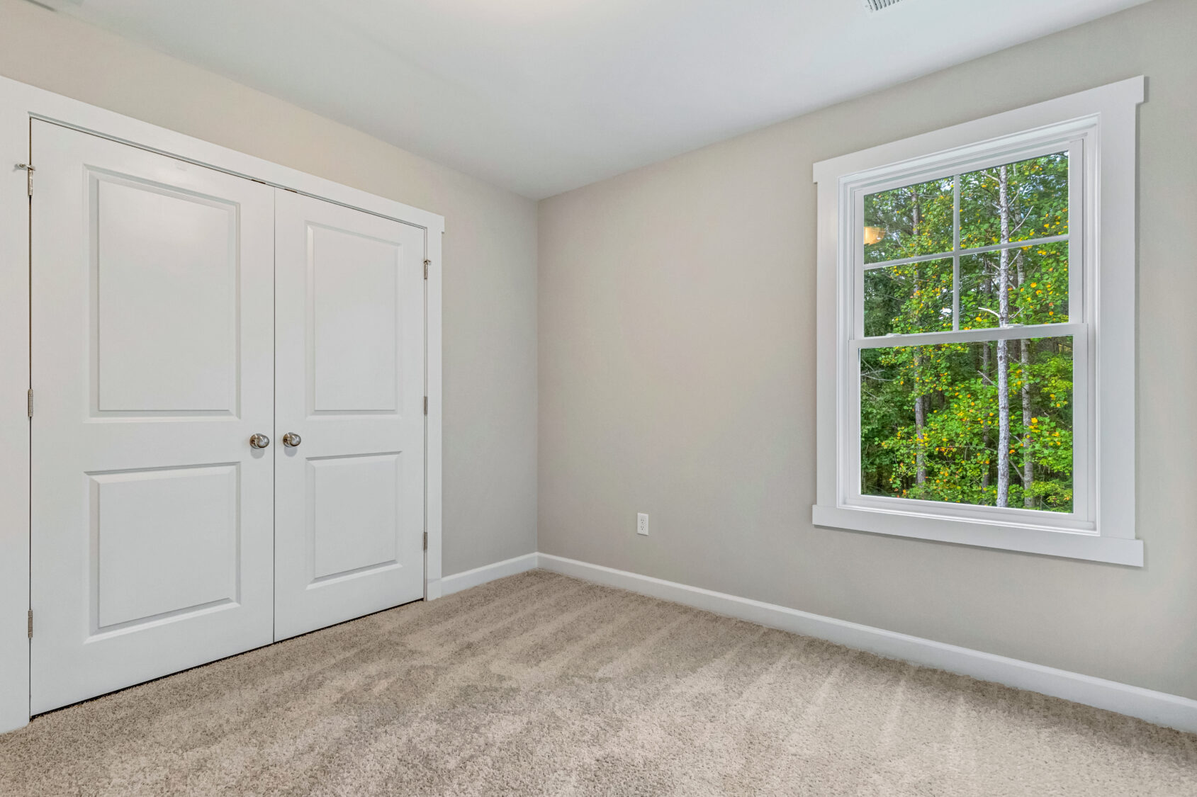 Empty room with beige carpet, white walls, a window with trees outside, and double white closet doors.